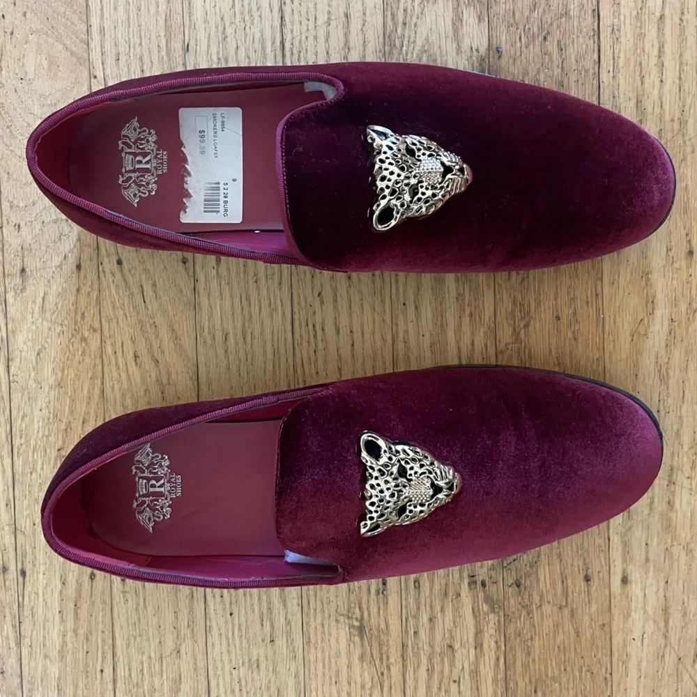 Burgundy Velvet Loafers with Leopard Accent